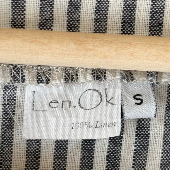 Len Ok S Black White Linen Striped tunic short sleeve summer Dress with pockets - Picture 4 of 6